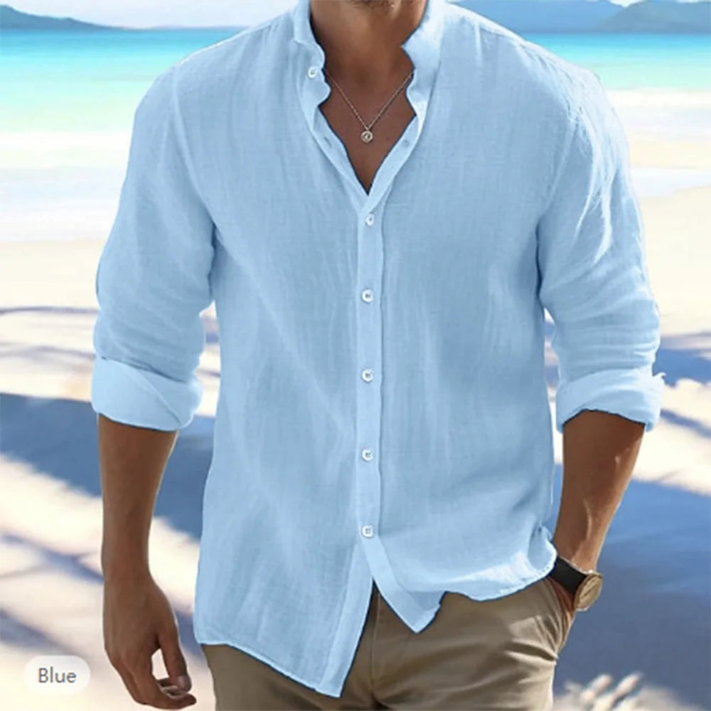 Cotton Linen Hot Sale Men'S Long-Sleeved Shirts Summer Solid Color Stand-Up Collar Casual Beach Style plus Size