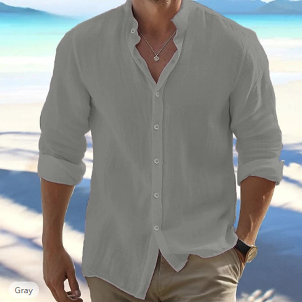 Cotton Linen Hot Sale Men'S Long-Sleeved Shirts Summer Solid Color Stand-Up Collar Casual Beach Style plus Size